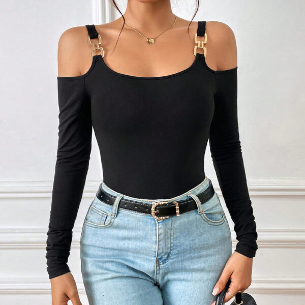 Women's Spring And Summer Fashion Simple Suspender Off-Shoulder Metal Hook Long-Sleeved Sexy Top - Image 3