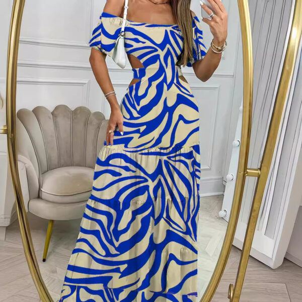 Printed One-line Collar Short-sleeved Long Dress With Hollow Waist Design Summer Vacation Dresses For Women Clothing - Image 9