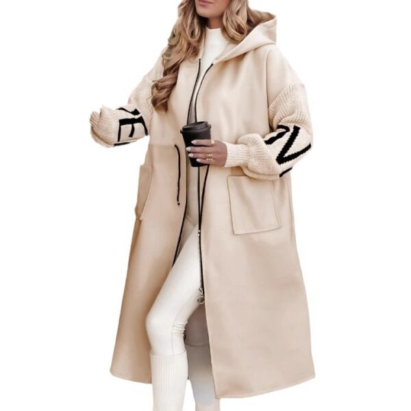 Hooded Windbreaker Long Jacket With Pockets And Drawstring Design Solid Color Knit-Sleeved Trench Coat For Women Clothing Fall Winter - Image 10