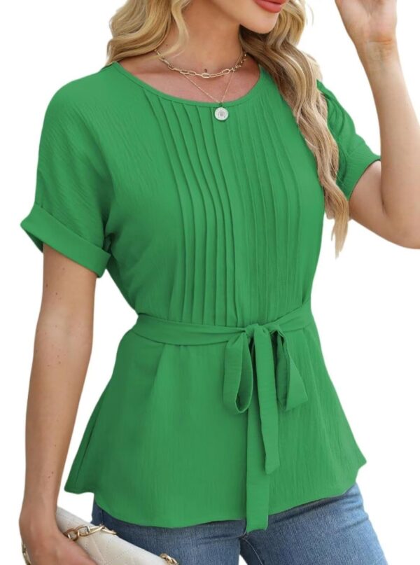 Casual Shirt Ruffled Pleated Round Neck Short Sleeve Top - Image 9