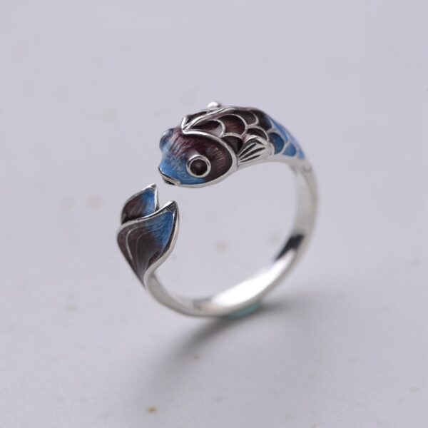 S925 Silver Retro Classical Roasted Blue Carp Koi Ring - Image 3