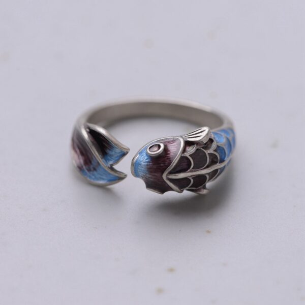 S925 Silver Retro Classical Roasted Blue Carp Koi Ring - Image 4