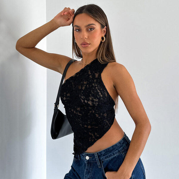 Ins Lace Backless Top Summer Solid Color Waistless Asymmetrical Sloped Neck Vest Streetwear Womens Clothes - Image 9