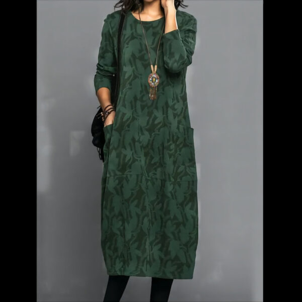 Retro Crew Neck Mid-waist Sleeve Knitted Mid-length A- Line Dress - Image 10