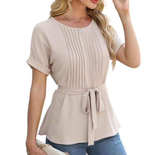 Casual Shirt Ruffled Pleated Round Neck Short Sleeve Top - Image 5