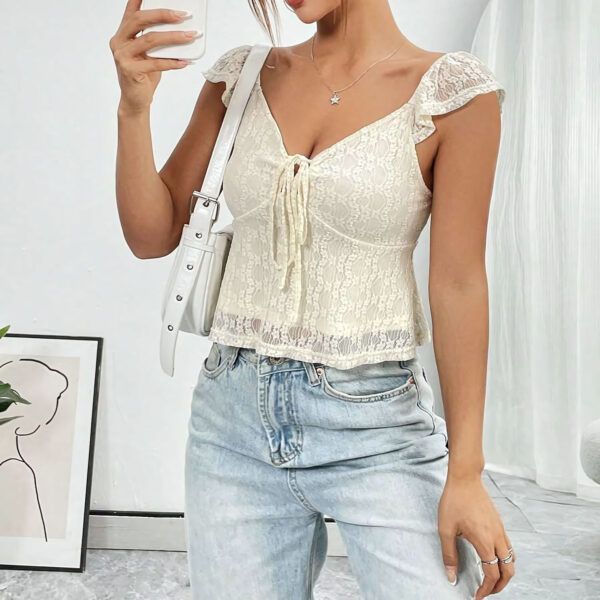 Casual Short Top Lace Lace Band V-neck Top - Image 2