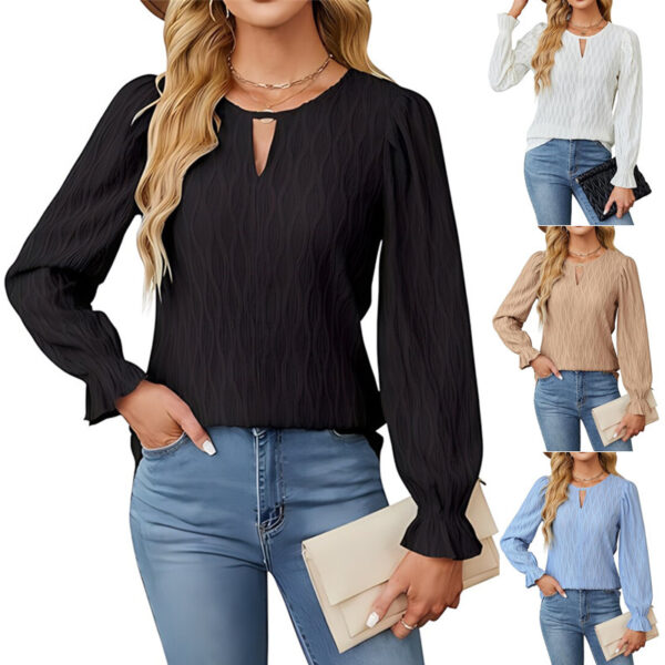 Jacquard Round Neck Long Sleeve Top Women's Clothing - Image 4