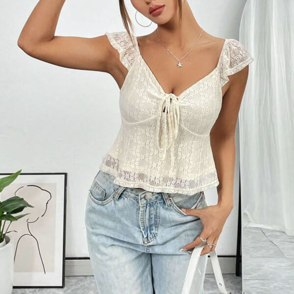 Casual Short Top Lace Lace Band V-neck Top - Image 3