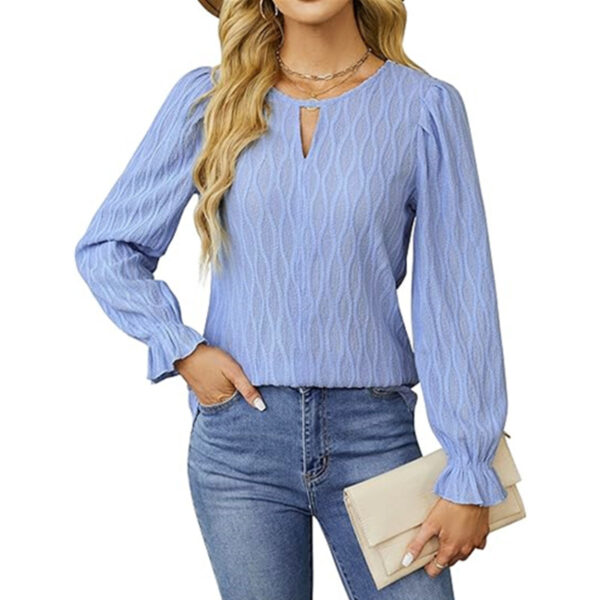 Jacquard Round Neck Long Sleeve Top Women's Clothing - Image 3