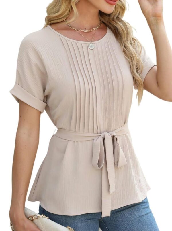 Casual Shirt Ruffled Pleated Round Neck Short Sleeve Top - Image 10