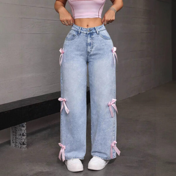 Bowknot Collage Washed Jeans Loose Straight-leg Wide-leg Pants - Image 2