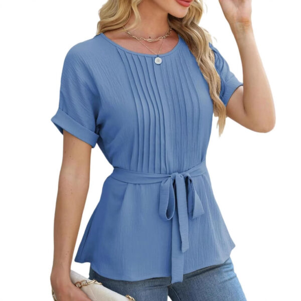 Casual Shirt Ruffled Pleated Round Neck Short Sleeve Top - Image 6