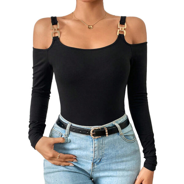 Women's Spring And Summer Fashion Simple Suspender Off-Shoulder Metal Hook Long-Sleeved Sexy Top - Image 5