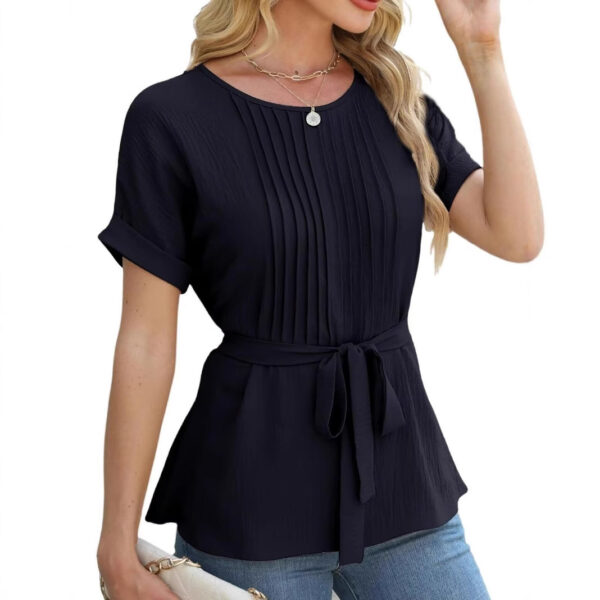 Casual Shirt Ruffled Pleated Round Neck Short Sleeve Top - Image 3