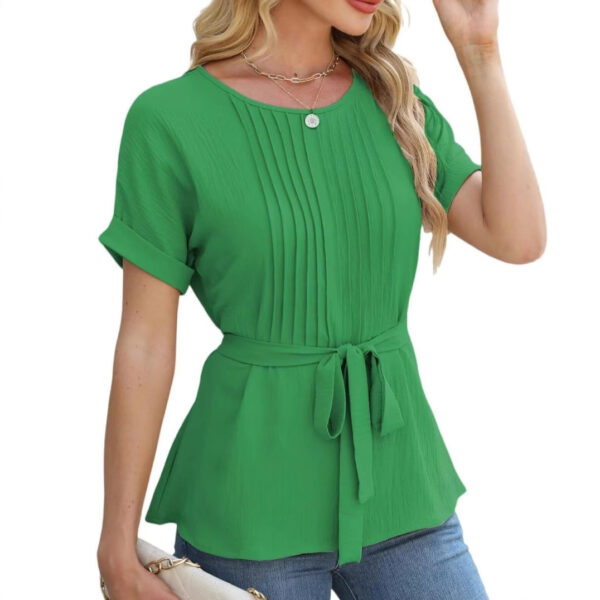 Casual Shirt Ruffled Pleated Round Neck Short Sleeve Top - Image 7