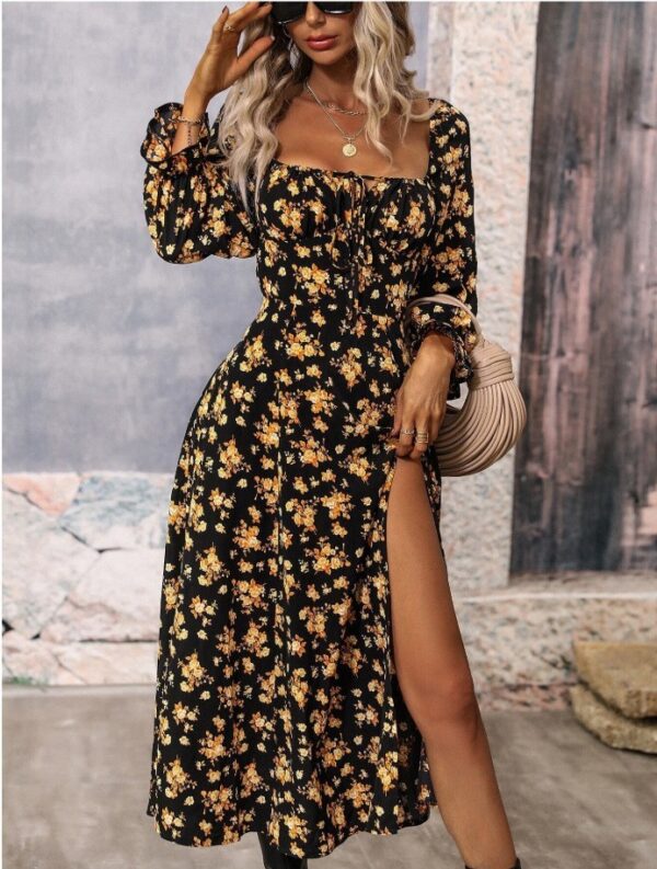 Flowers Printing Long Sleeve Dress Fashion Square-neck Bottom Slit Dresses Womens  Clothing - Image 8