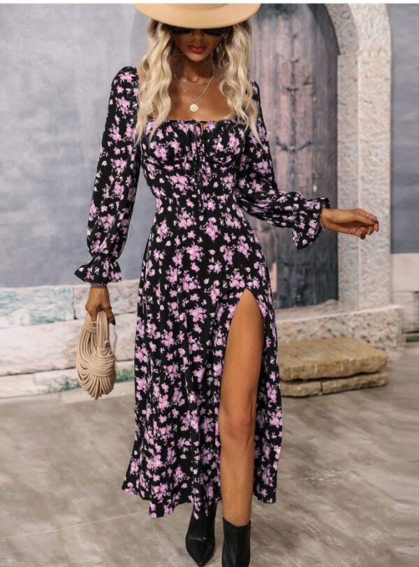 Flowers Printing Long Sleeve Dress Fashion Square-neck Bottom Slit Dresses Womens  Clothing - Image 5