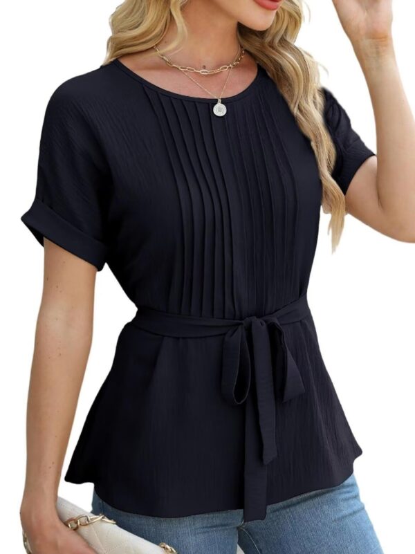 Casual Shirt Ruffled Pleated Round Neck Short Sleeve Top - Image 8