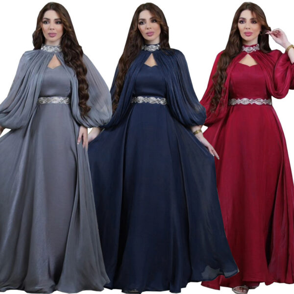 Women's Two-piece Hot Drilling Bright Silk Fashion Satin Robe Abaya - Image 3