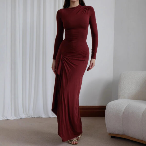 Slim-fitting Long-sleeved Asymmetric Split Dress Ins Fashion Solid Color Long Dresses For Women - Image 2