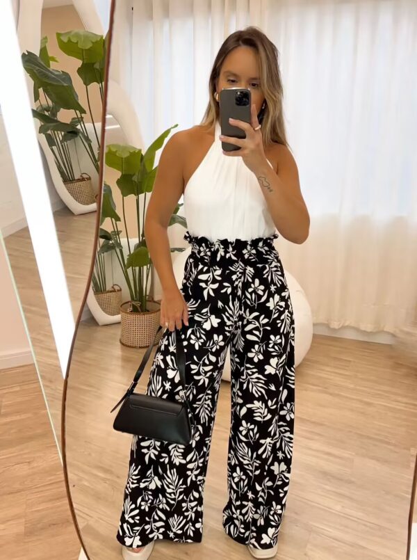 Printed Elastic Waist Loose Trousers - Image 3