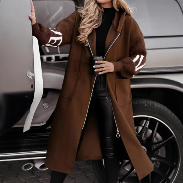 Hooded Windbreaker Long Jacket With Pockets And Drawstring Design Solid Color Knit-Sleeved Trench Coat For Women Clothing Fall Winter - Image 8