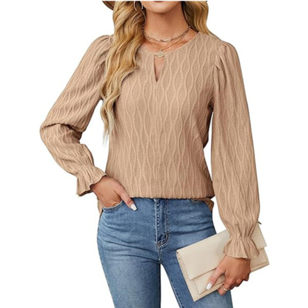 Jacquard Round Neck Long Sleeve Top Women's Clothing - Image 2