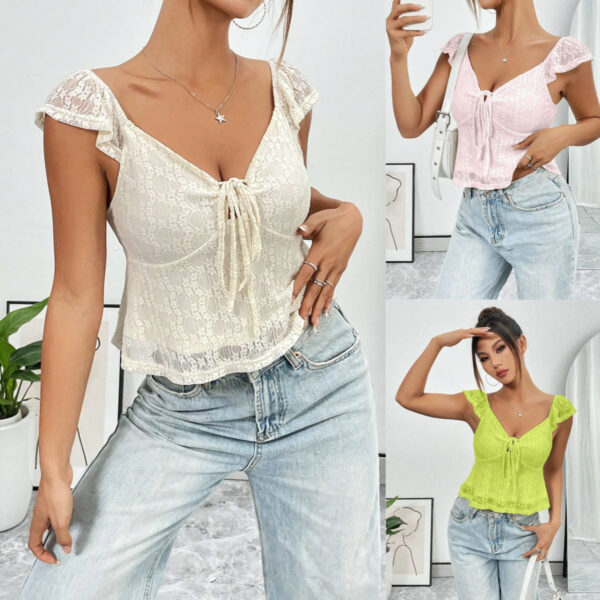 Casual Short Top Lace Lace Band V-neck Top