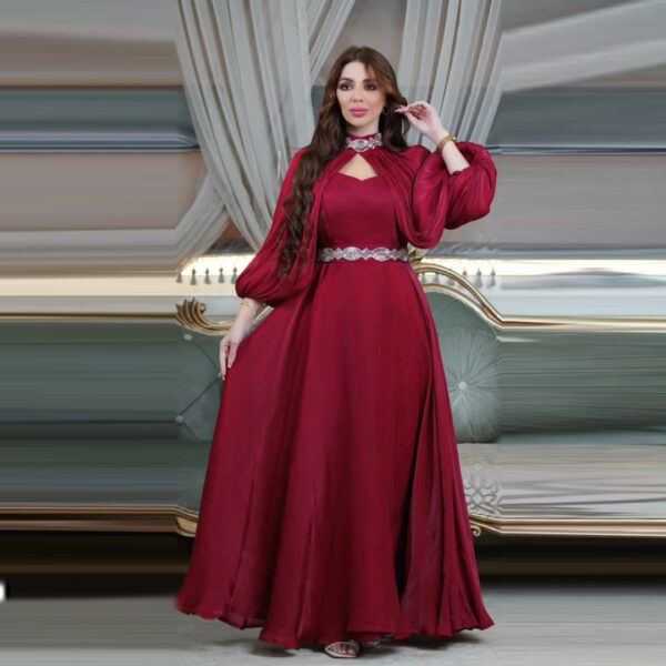 Women's Two-piece Hot Drilling Bright Silk Fashion Satin Robe Abaya - Image 5