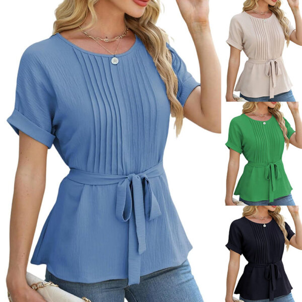 Casual Shirt Ruffled Pleated Round Neck Short Sleeve Top - Image 2