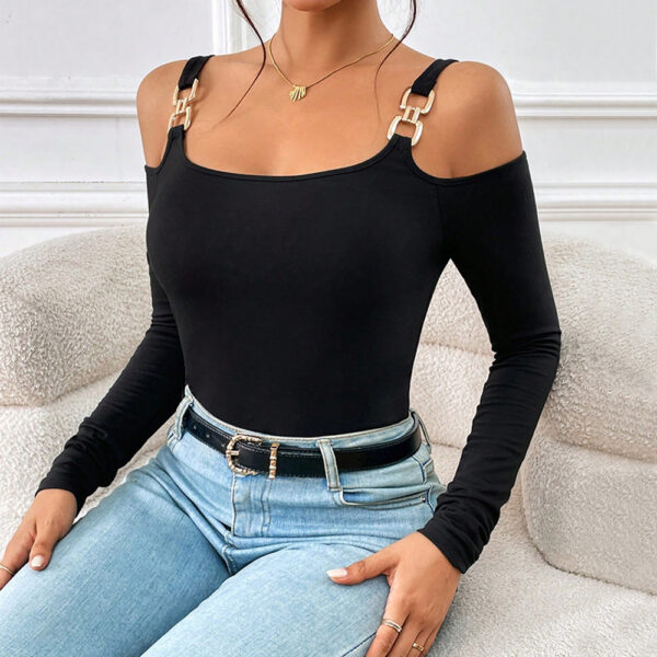 Women's Spring And Summer Fashion Simple Suspender Off-Shoulder Metal Hook Long-Sleeved Sexy Top - Image 7