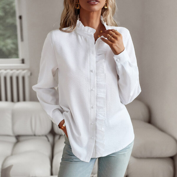 Striped Long Sleeve Shirt Fashion Ruffle Design Button Up Tops Casual Office Blouse Elegant Commuting Women's Clothing - Image 3