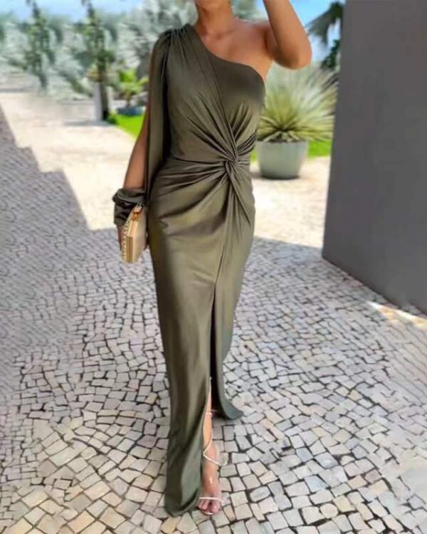 Women's Diagonal Shoulder Knot Split Solid Color Slim Fit Dress - Image 4